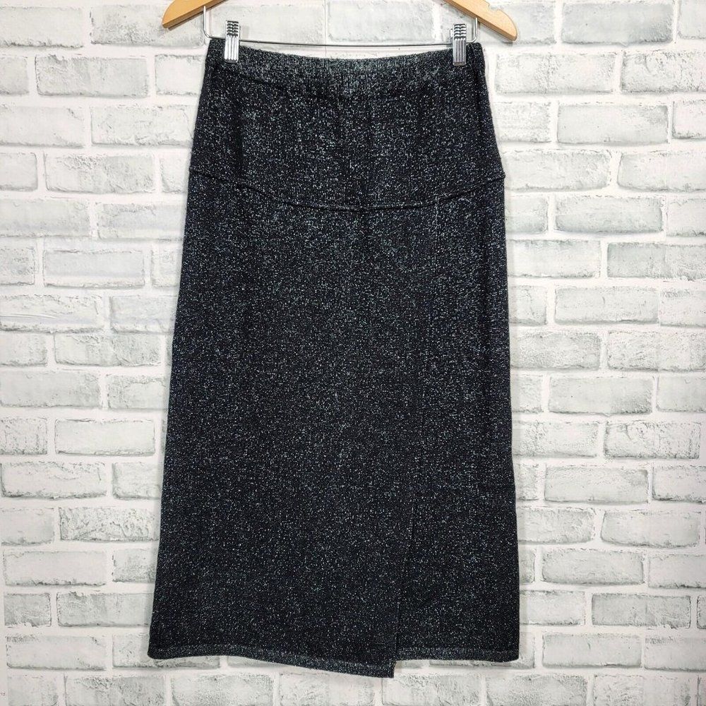 Vintage 90s Nordstrom Womens M Black Wool‎ Silver Metallic Faux Wrap Knit Skirt